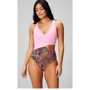 Fabletics OnePiece Swimsuit Size Large Pink & Leopard Print Asymmetrical Cutout